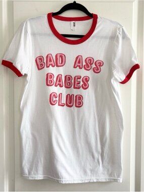 Bad Babes Club White and Red Short Sleeve Tee Casual Ringer 100% Cotton